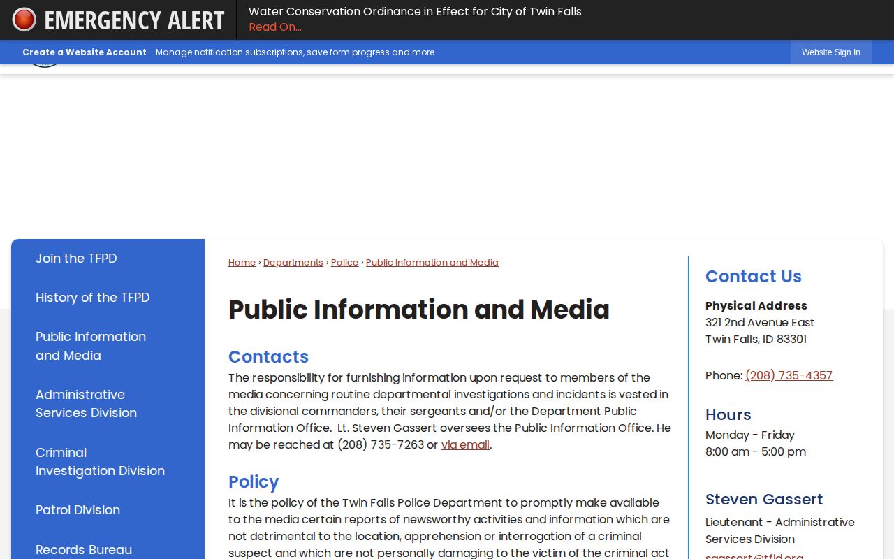 Twin Falls Police public information and media webpage