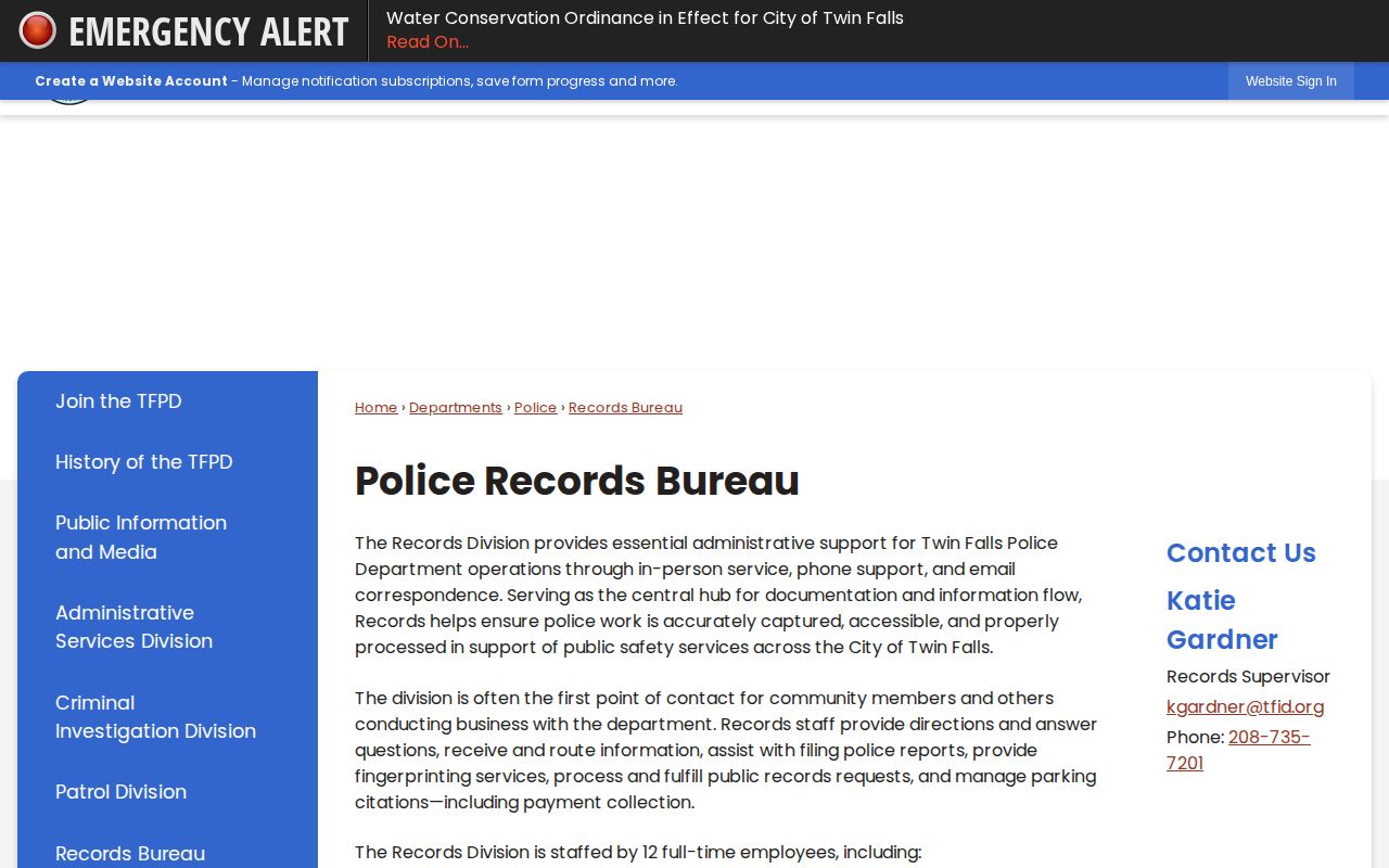 Twin Falls Police Department Records Bureau webpage