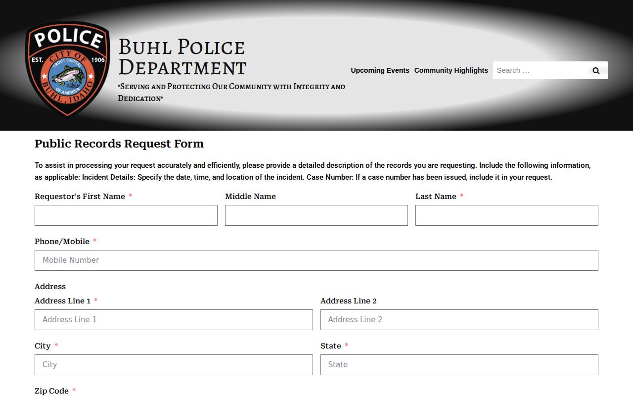 Buhl Police Department public records request webpage